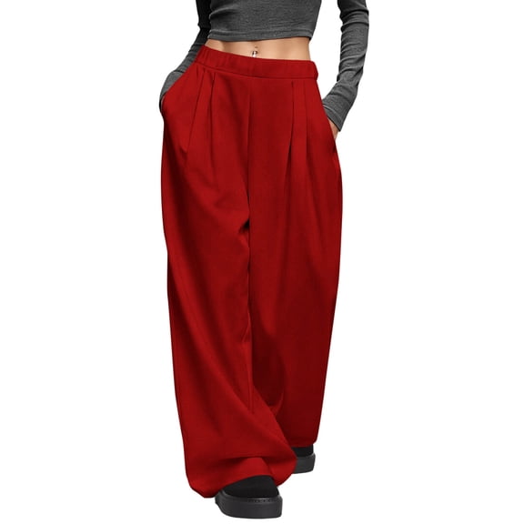 Ecqkame Wide Leg Pants for Women Baggy High Waist Flowy Casual Trousers Travel Vacation Solid Color Full Length Pant Red M