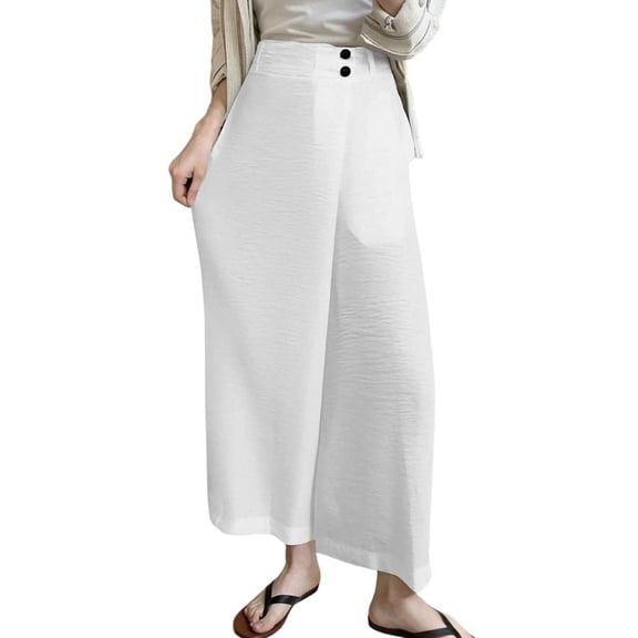 Ecqkame Wide Leg Pants for Women Baggy High Waist Flowy Casual Trousers Travel Vacation Solid Color Full Length Pant White L
