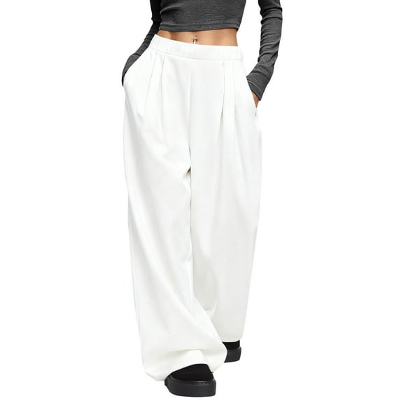 Ecqkame Wide Leg Pants for Women Baggy High Waist Flowy Casual Trousers Travel Vacation Solid Color Full Length Pant White XXL