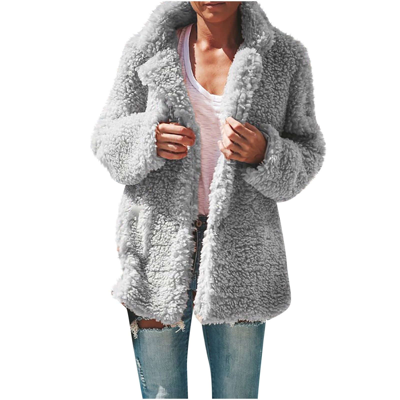 Ecqkame Winter Jackets for Women L Jacket Plush Winter Loose Bear Coat Size Lapel Oversized-Fit Warm Outerwear Women Beige Teddy Fleece Plus