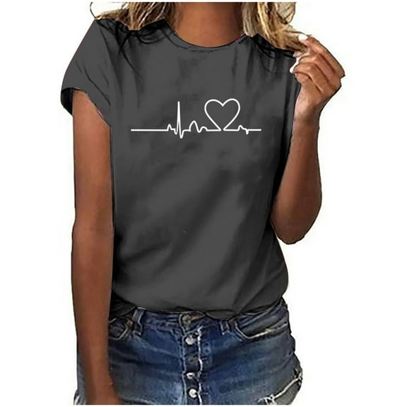 Ecqkame Woman Casual TopsWomens Work Tops Girls Short Sleeve Out Blouse Funny Print Shirt T-Shirt Tops Dark Gray M