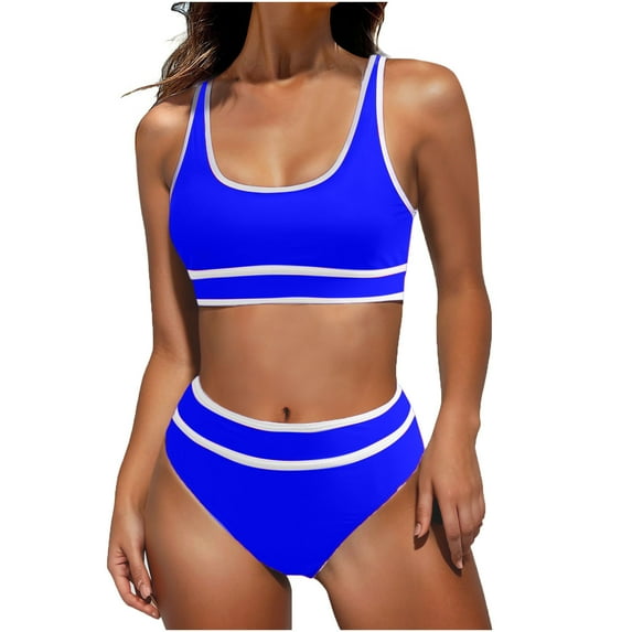 Ecqkame Womem 2 Piece High Waisted Bikini Set Sexy Tummy Control Sporty Swimsuit 2025 Summer Beach Swim Bathing Suit 01-Blue M