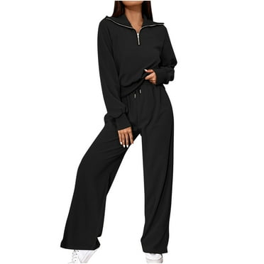 Ecqkame Women 2 Piece Outfits Sweatsuit Half Zip Pullover Long Sleeve Sweatshirt Wide-Leg Jogger Pants Set Black XXL on Clearance