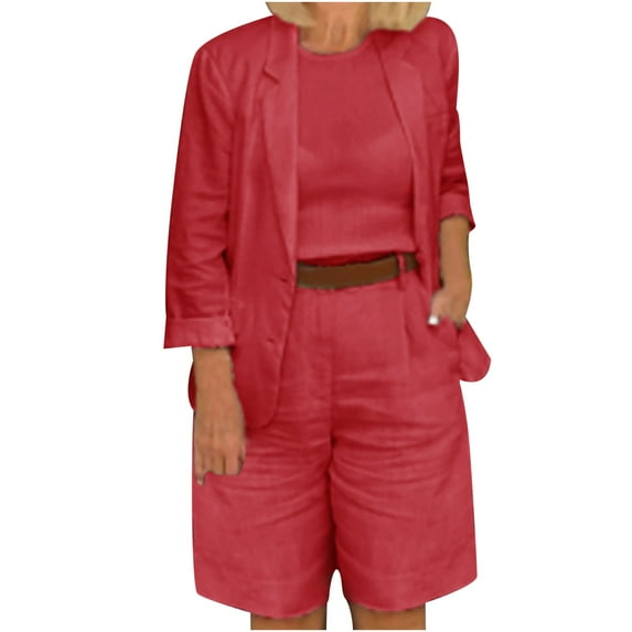 Ecqkame Womens Summer Outfits Casual Long Sleeve Lapel Shirt Open Front with Wide Shorts Matching Sets Women Clothing Red S
