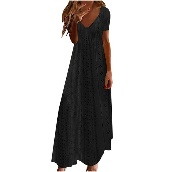Ecqkame Women Casual Holiday Style Dress Hollow Out Solid Color Loose Maxi Dress Short Sleeve V-Neck Dress 03-Black L