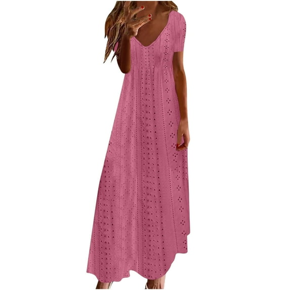 Ecqkame Women Casual Holiday Style Dress Hollow Out Solid Color Loose Maxi Dress Short Sleeve V-Neck Dress 03-Pink L