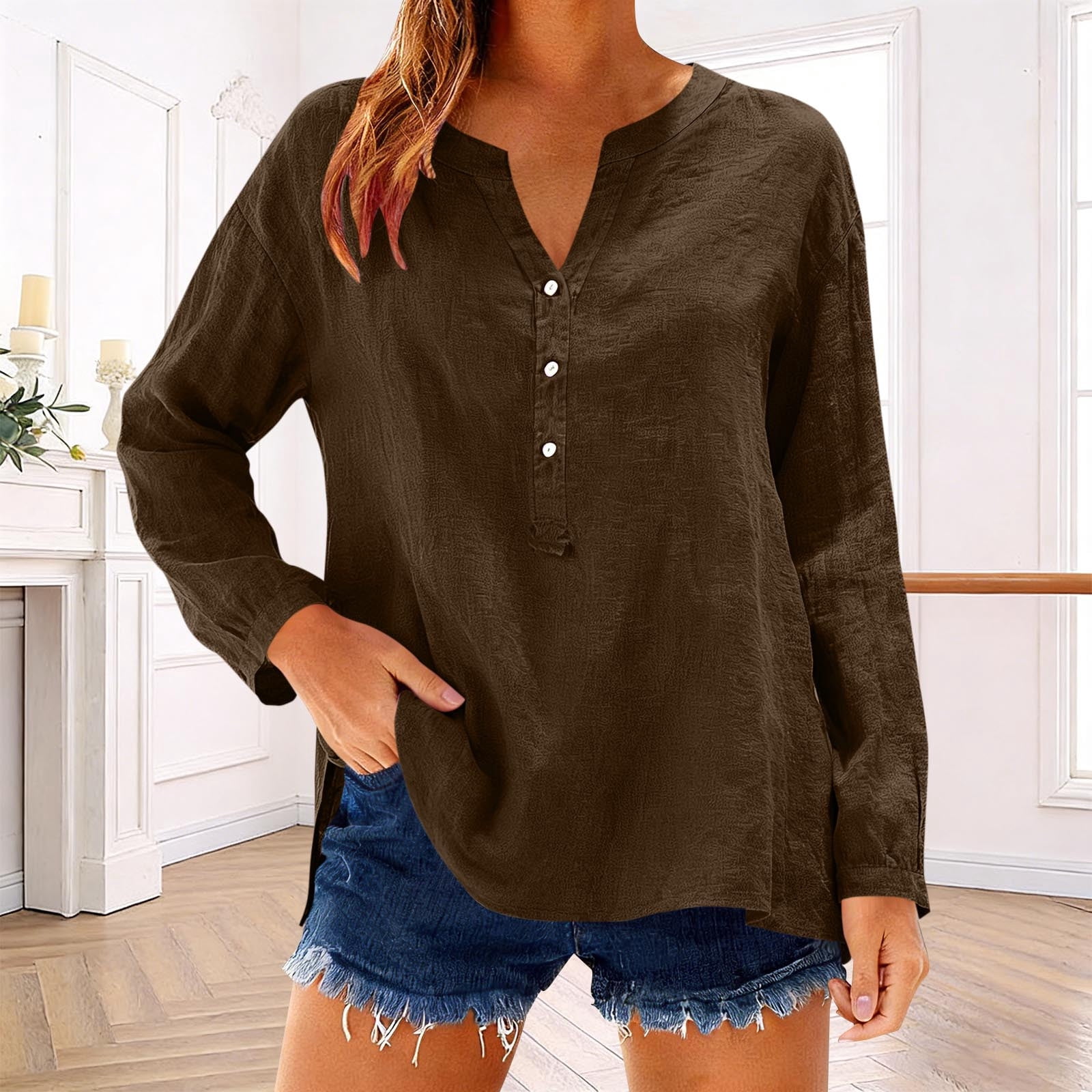 Ecqkame Women Casual Linen Tops Lightweight Loose Long Sleeve V Neck ...