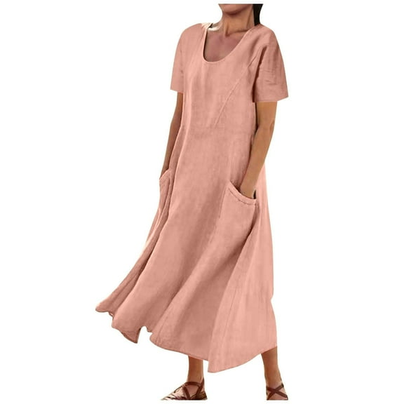 Ecqkame Women Cotton Linen Dress Solid Color Crew Neck Short Sleeve Long Dress Summer Casual Flowy Beach Dresses with Pockets 02-Pink XXXXL