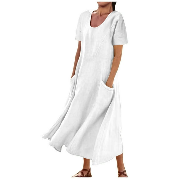 Ecqkame Women Cotton Linen Dress Solid Color Crew Neck Short Sleeve Long Dress Summer Casual Flowy Beach Dresses with Pockets 03-White XXXL