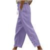 Ecqkame Women Cotton Linen Pants Fashion Side Lace Patchwork Lightweight Pant Casual Drawstring Elastic Waist Trousers Purple XL