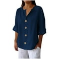 thumbnail image 1 of Ecqkame Women Cotton Linen Shirt Top 3/4 Roll-Up Sleeve V-Neck Tunic Tops Summer Casual Loose Solid Blouses with Button Dark Blue XXXL, 1 of 6