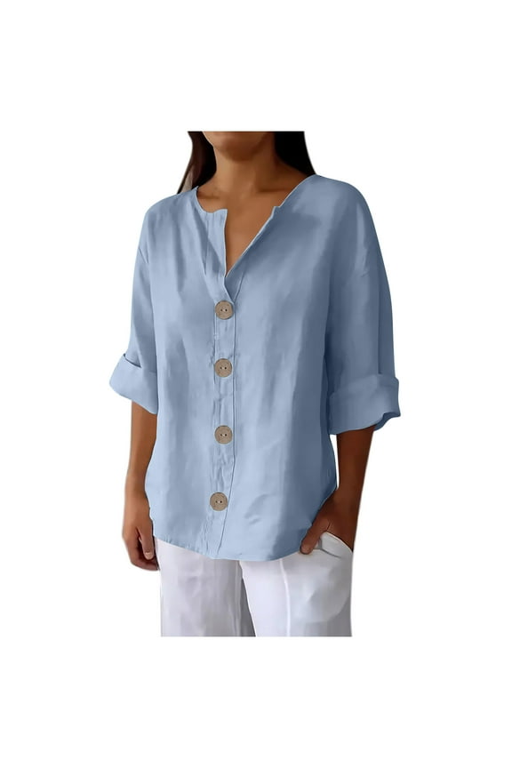 Women Cotton Linen Shirt Top 3/4 Roll-Up Sleeve V-Neck Tunic Tops Summer Casual Loose Solid Blouses with Button Light Blue M