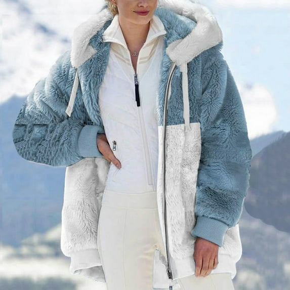 Ecqkame Women Fashion Color Block Fuzzy Fleece Coat Jackets Plus Size Winter Warm Loose Plush Zip Hooded Outwear with Pockets Sky Blue S