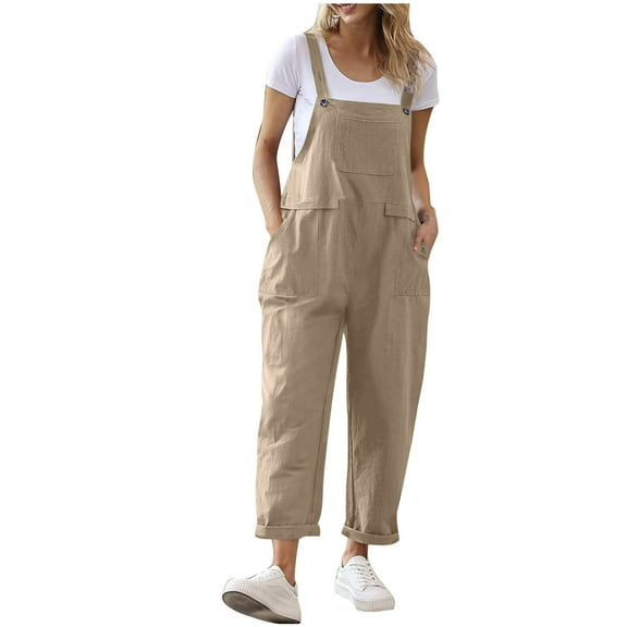 Ecqkame Women Fashion Long Jumpsuits Casual Loose Adjustable Sleeveless Tank Pants Baggy Solid Color Jumpsuits with Pockets 03-Khaki M