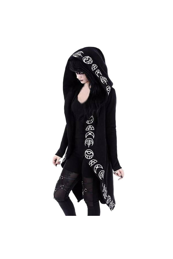 Women Gothic Fall Jacket Casual Long Sleeve Punk Print Hooded Black Cardigan Jacket Coat Plus Size Outerwear Black 5XL