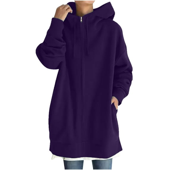 Ecqkame Women Hoodie Sweatshirts Women's Solid Color Hoodie Zipper Long Sleeve Sweatshirts Long Coat Tops With Pockets Purple S
