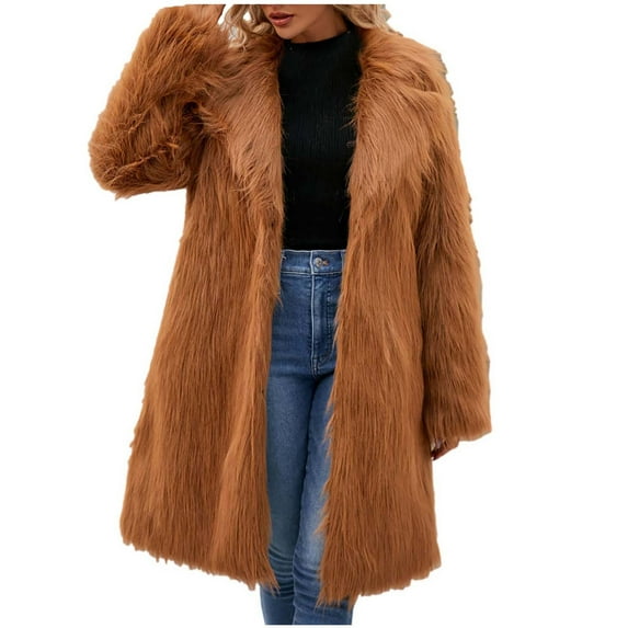 Ecqkame Women Luxury Winter Warm Fuzzy Long Coat Jacket Womens Ladies Warm Faux Furry Long Coat Jacket Winter Solid V-neck Outerwear Brown XL