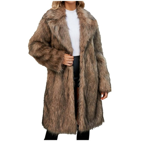 Ecqkame Women Luxury Winter Warm Fuzzy Long Coat Jacket Womens Ladies Warm Faux Furry Long Coat Jacket Winter Solid V-neck Outerwear Coffee L