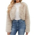 thumbnail image 1 of Ecqkame Women Luxury Winter Warm Fuzzy Short Coat Jacket Womens Ladies Warm Faux Furry Long Coat Jacket Winter Solid V-neck Outerwear Beige L, 1 of 9