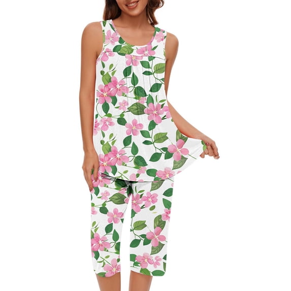 Ecqkame Women Outfit Round Neck Printing Sleeveless Floral Printed Comfy Loungewear Womens Sets with Shorts Pink XXL