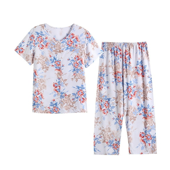 Ecqkame Women Pajama Sets Short Sleeve Crew Neck Shirts Capris Pants Two Piece Set Printed Outfit White XXL