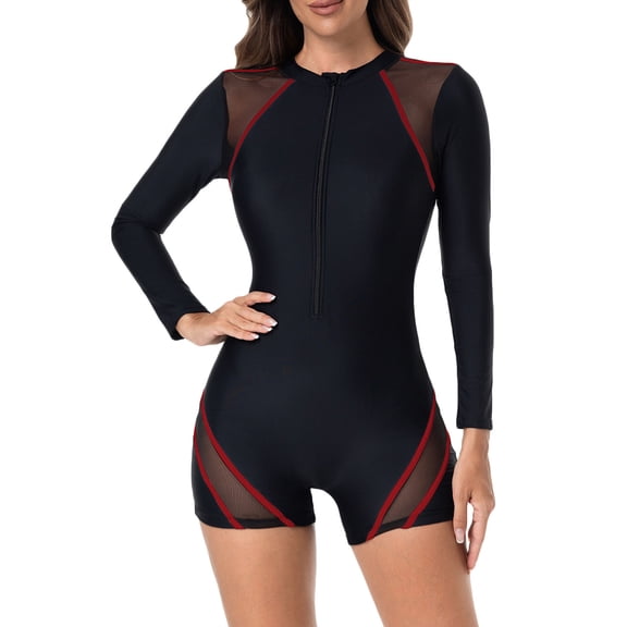 Ecqkame Women Rash Guard Swimsuit Tummy Control Front Zipper Long Sleeve One Piece Surfing Bathing Suit Athletic Conservative Swimwear Red XL