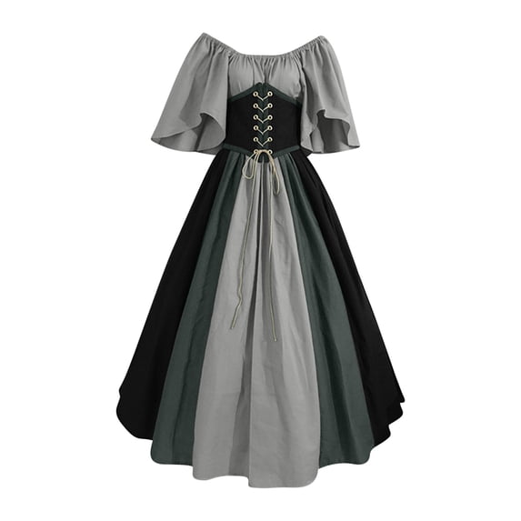Ecqkame Women Renaissance Medieval Dress Women's Fashion Middle Ages Vintage Color Matching Short Sleeve Off Shoulder Dress Dark Gray S