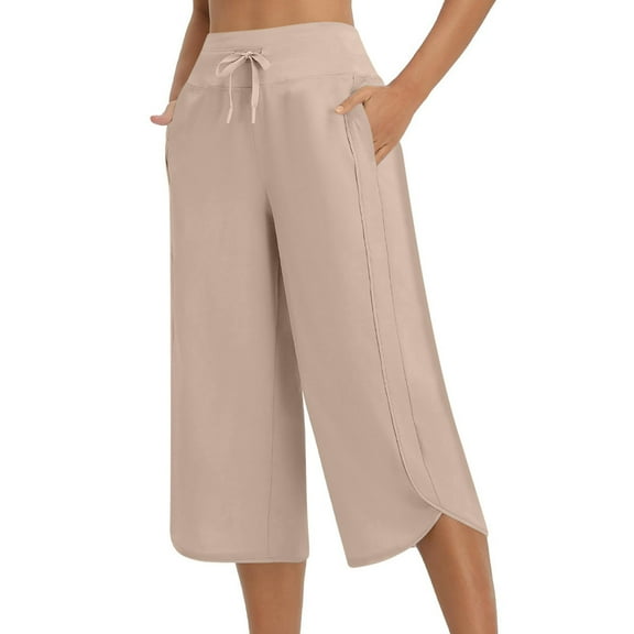Ecqkame Women’S Fashion Casual Pants Summer Solid Color Lightweight Beach Pants Loose Elastic Waist Drawstring Straight-Leg Pant with Pockets 03-Beige S