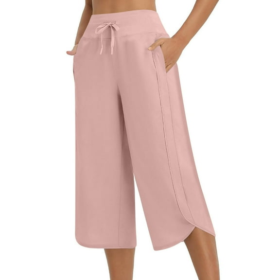 Ecqkame Women’S Fashion Casual Pants Summer Solid Color Lightweight Beach Pants Loose Elastic Waist Drawstring Straight-Leg Pant with Pockets 03-Pink S
