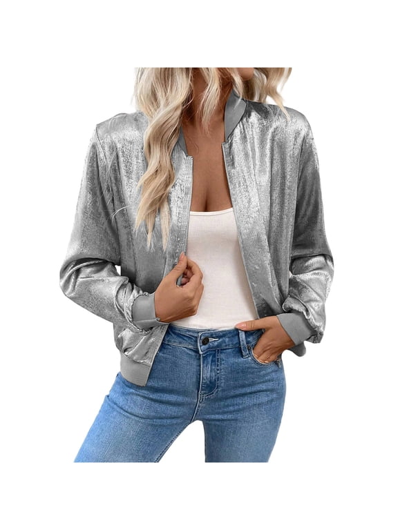 Women Sequin Jackets Glitter Sparkly Zipper Cardigan Concert Party Outerwear Long Sleeve Casual Jacket with Pocket Gray S