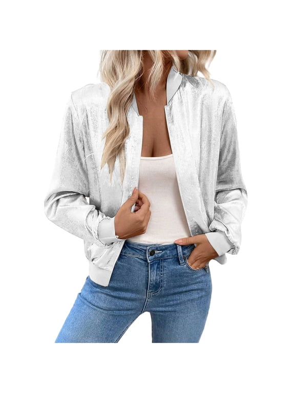 Women Sequin Jackets Glitter Sparkly Zipper Cardigan Concert Party Outerwear Long Sleeve Casual Jacket with Pocket White S