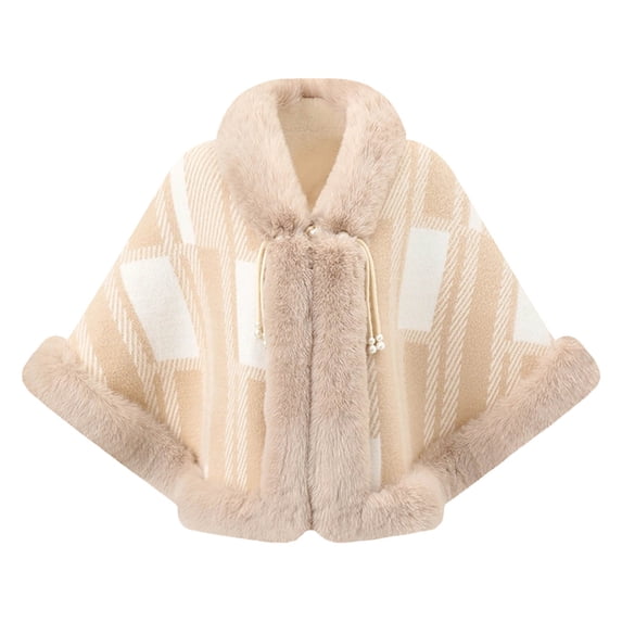 Ecqkame Women Sherpa Cape Shawl Casual Print Faux Fur Trim Knot Front Shawl Poncho Wrap Fleece Lined Warm Winter Versatile Outerwear Beige Free Size