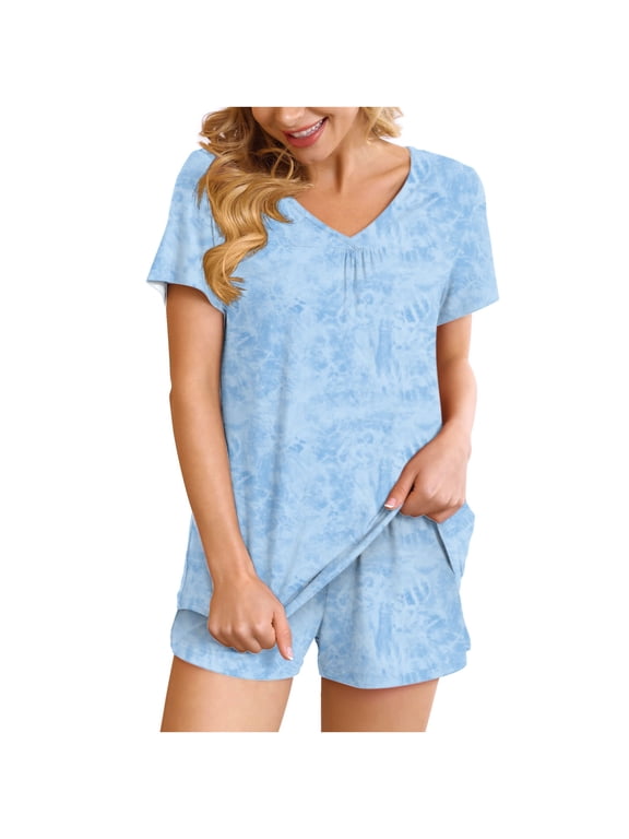 Women Shorts Sets 2 Piece Outfits2PC Women's V Neck Shorts Sleeve Two-piece Comfortable Home Pajamas Set Sports Set Light Blue M