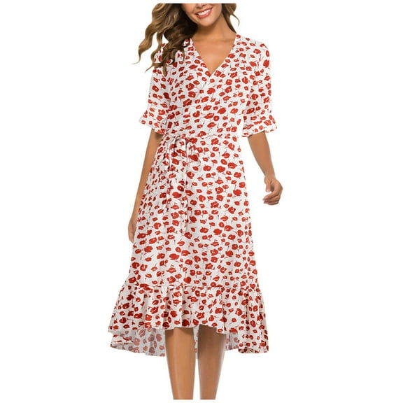 Ecqkame Women Summer Boho Long Midi Dress Summer Casual Print Dress V-Neck Short Sleeve Loose Dress Red XL