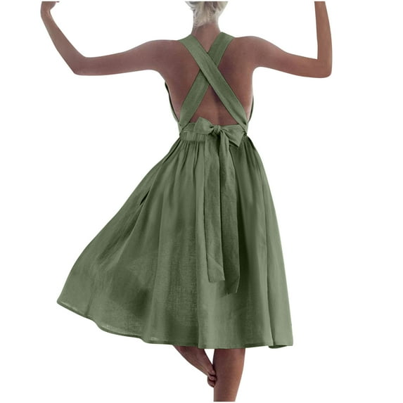 Ecqkame Women Summer Camisole Dresses Sexy Strap Sleeveless Solid Color Dress High Waist Belted A Line Pleated Dress with Pockets 01-Green XXL