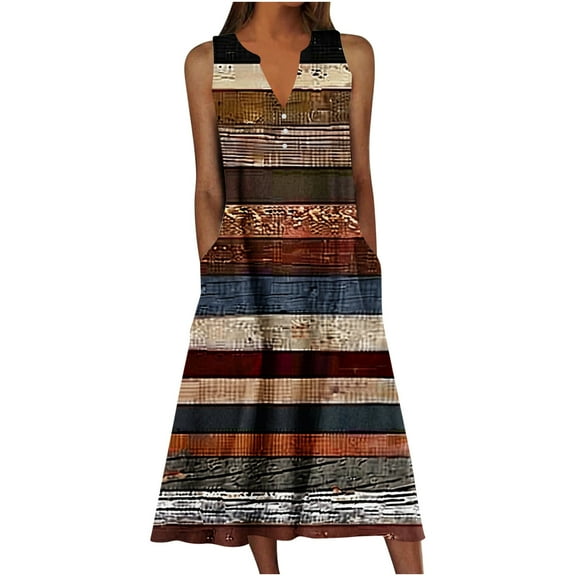 Ecqkame Women Summer Floral Sundress 2025 A Line Pleated Long Dress Sexy V Neck Sleeveless Dress with Pockets 01-Brown S
