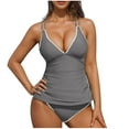 thumbnail image 1 of Ecqkame Women Tankini Swimsuits Two Piece Ruched Tummy Control Bathing Suit Summer Solid Color with Chest Cushion V Neck Strap Swimwear Gray XL, 1 of 6