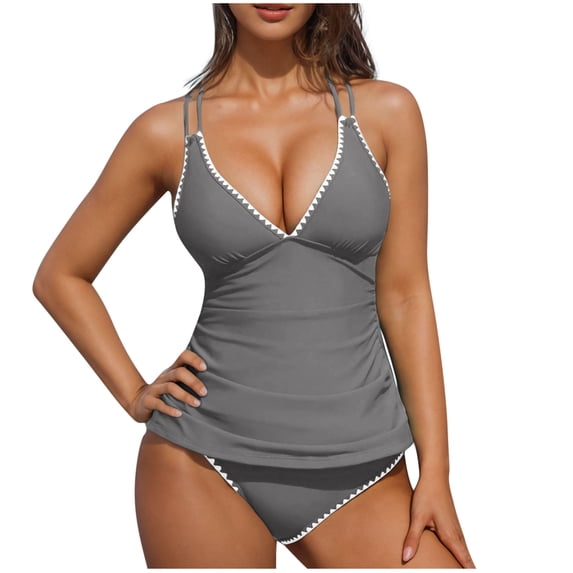 Ecqkame Women Tankini Swimsuits Two Piece Ruched Tummy Control Bathing Suit Summer Solid Color with Chest Cushion V Neck Strap Swimwear Gray XL