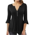 thumbnail image 1 of Ecqkame Women Tops Fashion Ruffled Printed T-Shirt 3/4 Sleeve Button Blouse V-Neck Casual Tops for Women Black S, 1 of 4