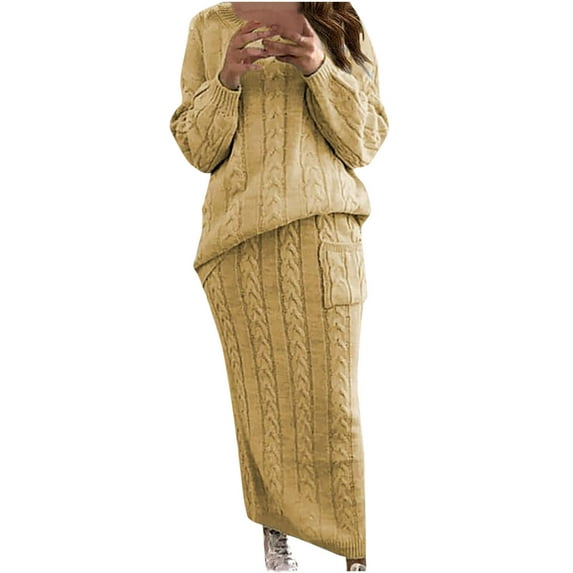 Ecqkame Women Winter Casual Chunky Cable Knit Long Pencil Skirt 2 Piece Outfit Oversized Pullover Sweater Sets Long Sleeve Casual Tops Yellow L