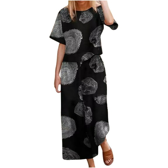Ecqkame Women's 2 Piece Cotton Linen Outfits Floral Print Short Sleeve Crewneck Tops and Pants Summer Lounge Sets Black S
