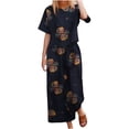 thumbnail image 1 of Ecqkame Women's 2 Piece Cotton Linen Outfits Floral Print Short Sleeve Crewneck Tops and Pants Summer Lounge Sets Dark Blue XXXXXL, 1 of 4