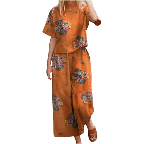 Ecqkame Women's 2 Piece Cotton Linen Outfits Floral Print Short Sleeve Crewneck Tops and Pants Summer Lounge Sets Yellow XXXL