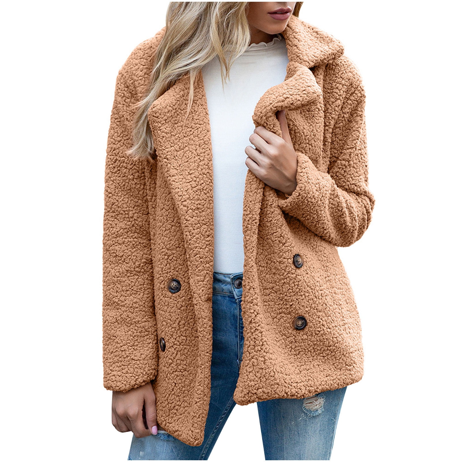 Hfyihgf Women's Full Zip Fleece Jacket Long Sleeve Lapel Warm Winter  Outwear Faux Suede Splicing Sherpa Coat with Zipper Pocket(Beige,XL) 
