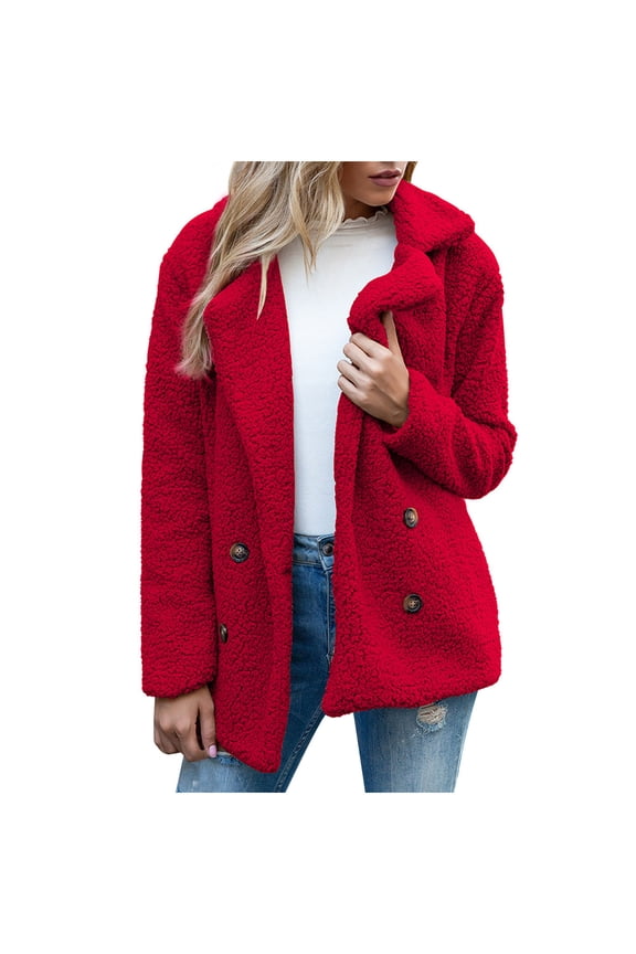 Women's 2023 Fashion Winter Fuzzy Fleece Coat Long Sleeve Solid Turn Button Lambswoo Oversized Shacket Jacket Red S