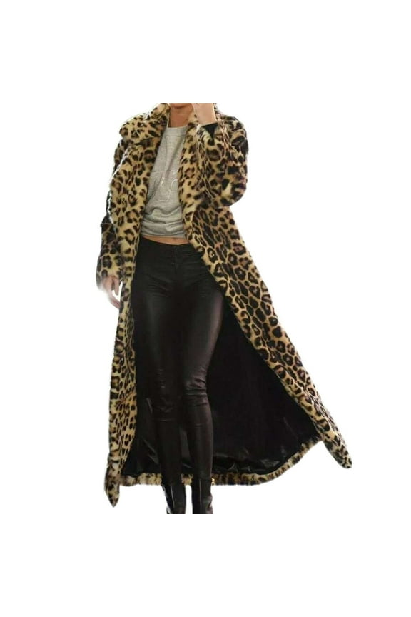 Women's 2023 Winter Warm Coats Fuzzy Fleece Long Leopard Print Jackets Ultra-long To Ankles Look Thin Trench Coats Jacket Overcoat Coffee 2XL