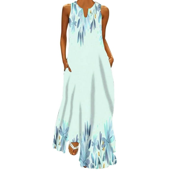 Ecqkame Women's 2025 Summer Dress Fashion Floral Print V Neck Sleeveless Vacation Maxi Dress Flowy Tank Beach Sundress with Pockets 01-Blue M