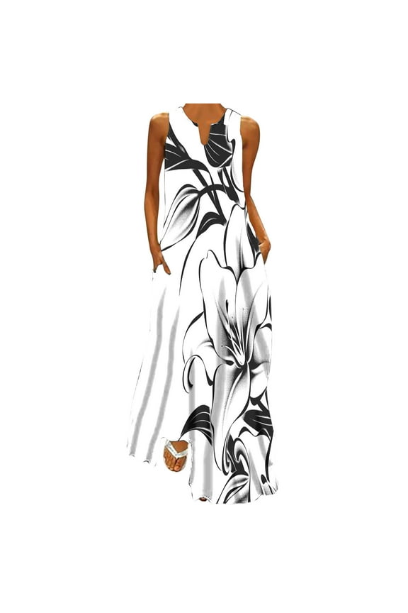 Women's 2025 Summer Dress Fashion Floral Print V Neck Sleeveless Vacation Maxi Dress Flowy Tank Beach Sundress with Pockets 01-White M