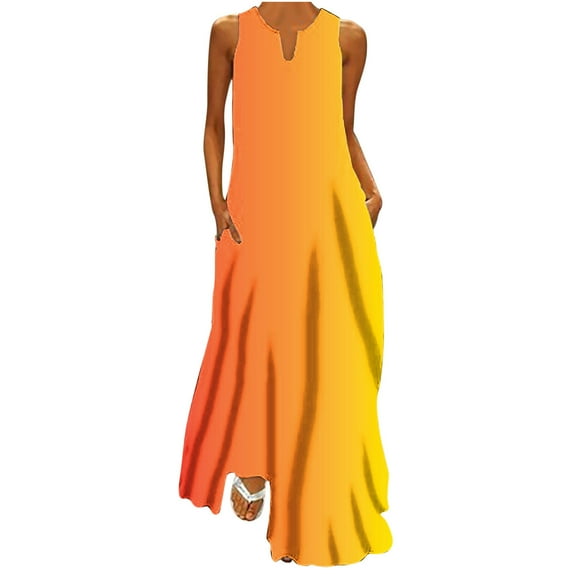 Ecqkame Women's 2025 Summer Dress Fashion Floral Print V Neck Sleeveless Vacation Maxi Dress Flowy Tank Beach Sundress with Pockets 03-Orange XL