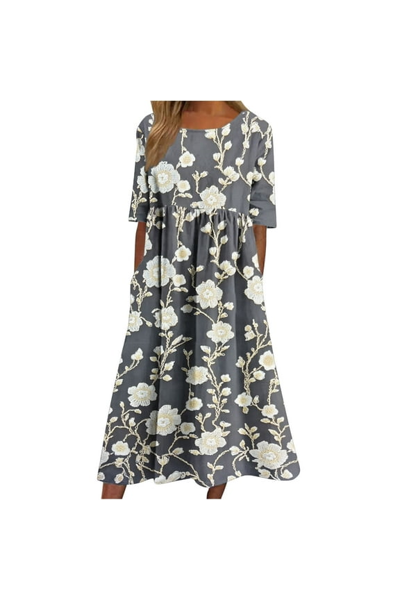 Women's 2025 Summer Dresses Floral Casual Loose Beach Dress Short Sleeve Crew Neck Flowy Long Dress with Pockets 01-Gray XL